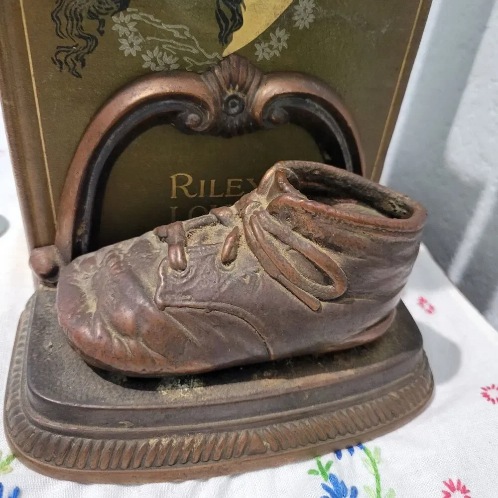 Vintage or Antique Baby Shoe Bookends Doorstop Bronze Heavy patina
